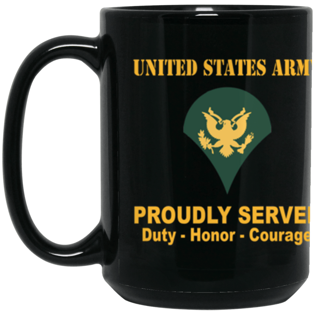 US Army E-4 SPC E4 Specialist Ranks Proudly Served Core Values 15 oz. Black Mug-Drinkware-Veterans Nation