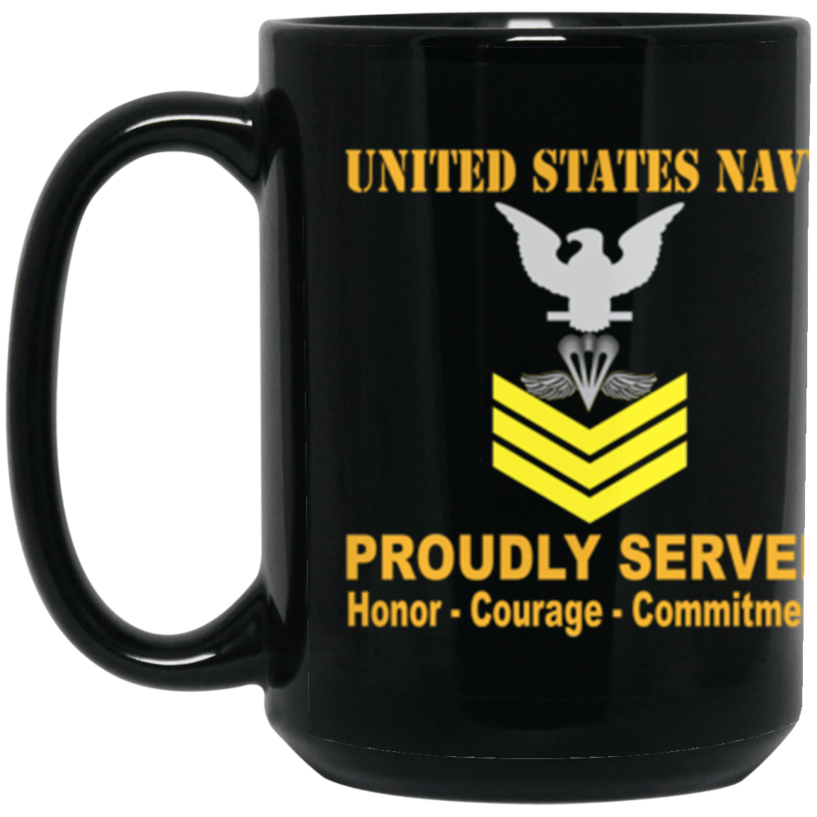 US Navy Aircrew Survival Equipmentman Navy PR E-6 Gold Stripe 15 oz. Black Mug-Drinkware-Veterans Nation