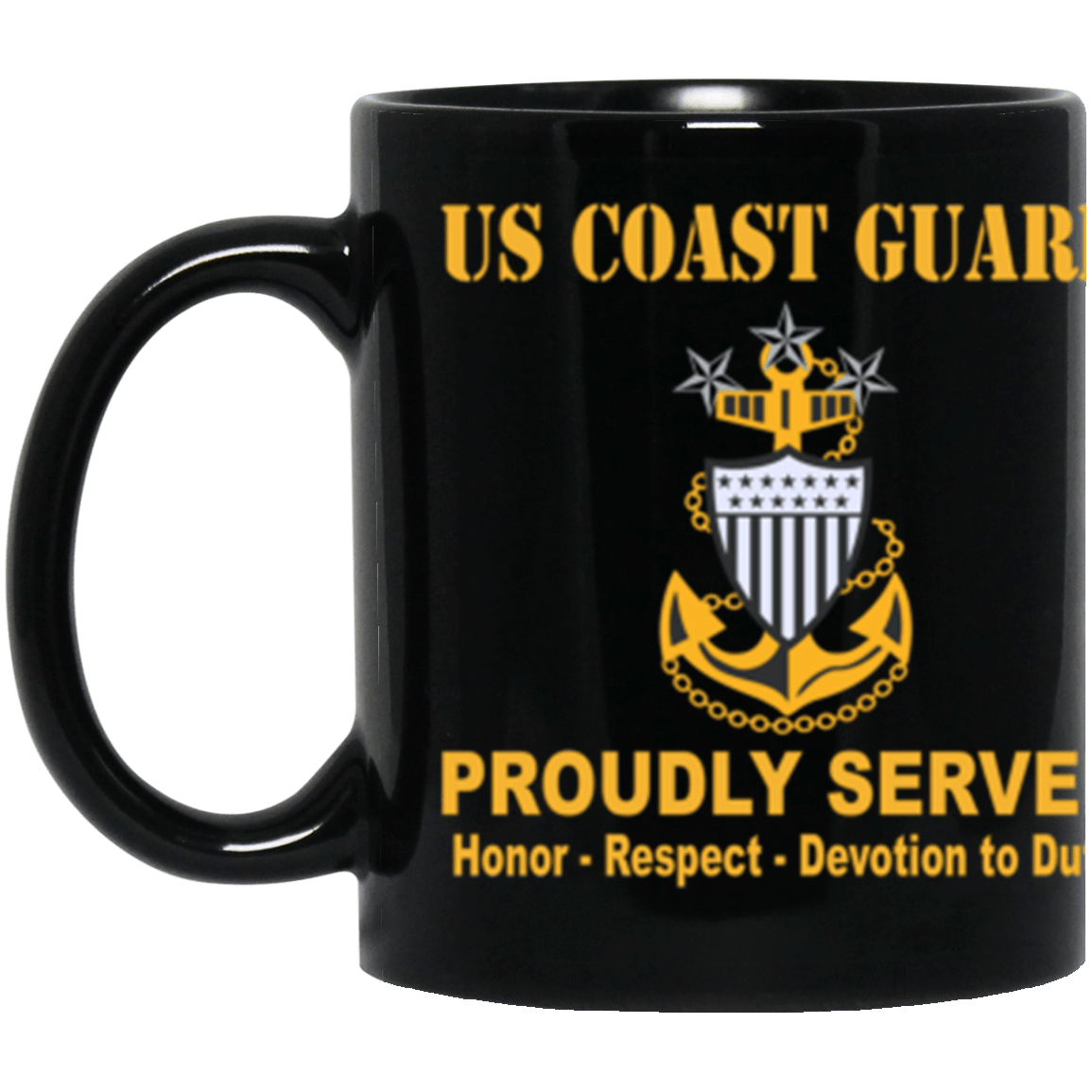 US Coast Guard E-9 Master Chief Petty Officer Of The Coast Guard E9 MCPOC Senior Enlisted Advisor Collar Device Proudly Served Core Values 11 oz. Black Mug-Drinkware-Veterans Nation