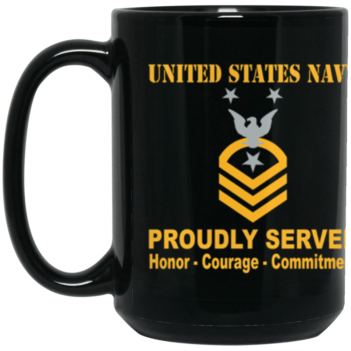 US Navy E-9 Command Master Chief Petty Officer E9 CMDCM Collar Device Proudly Served Core Values 15 oz. Black Mug-Drinkware-Veterans Nation