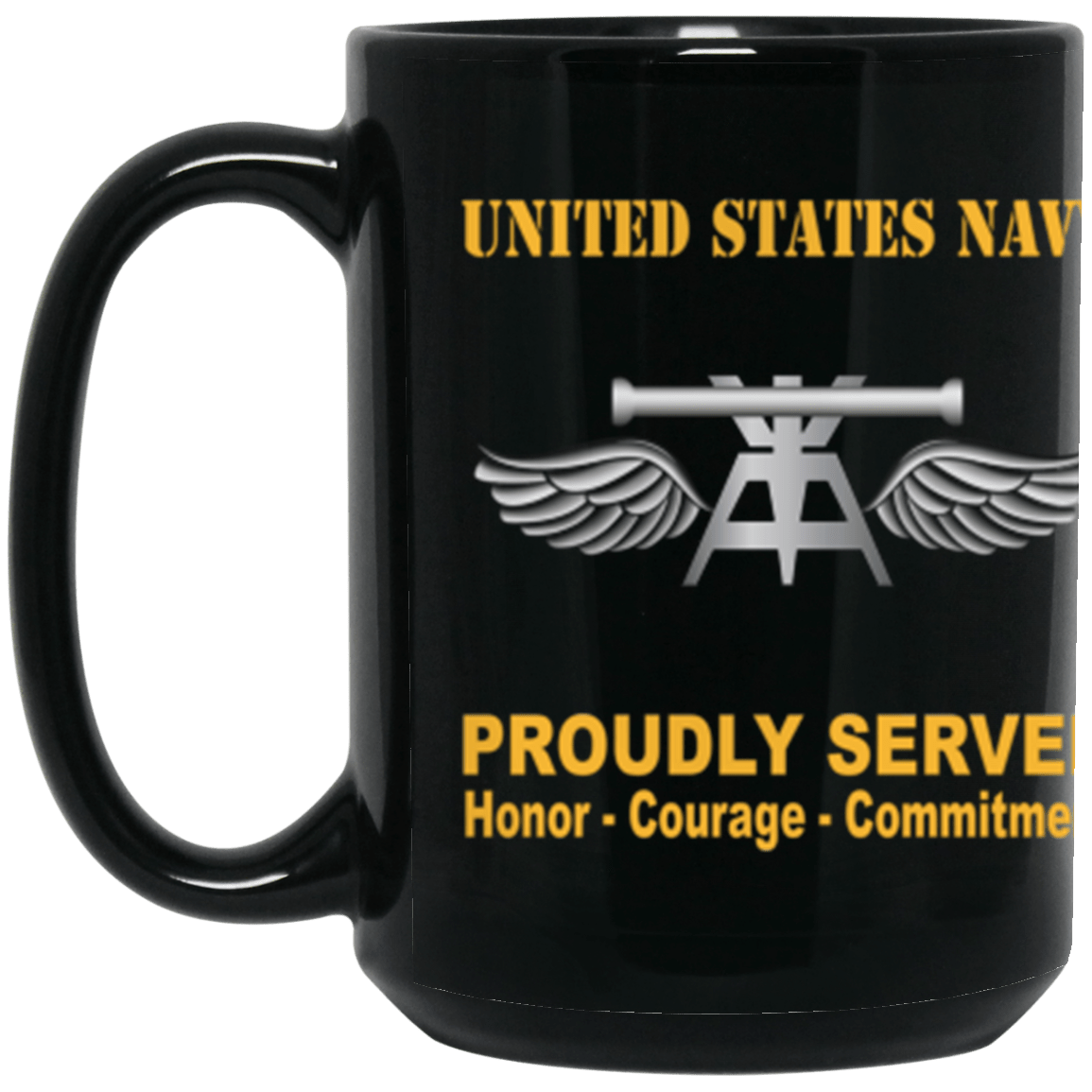 US Navy Navy Aviation Fire Control Tech Navy AQ Proudly Served Core Values 15 oz. Black Mug-Drinkware-Veterans Nation