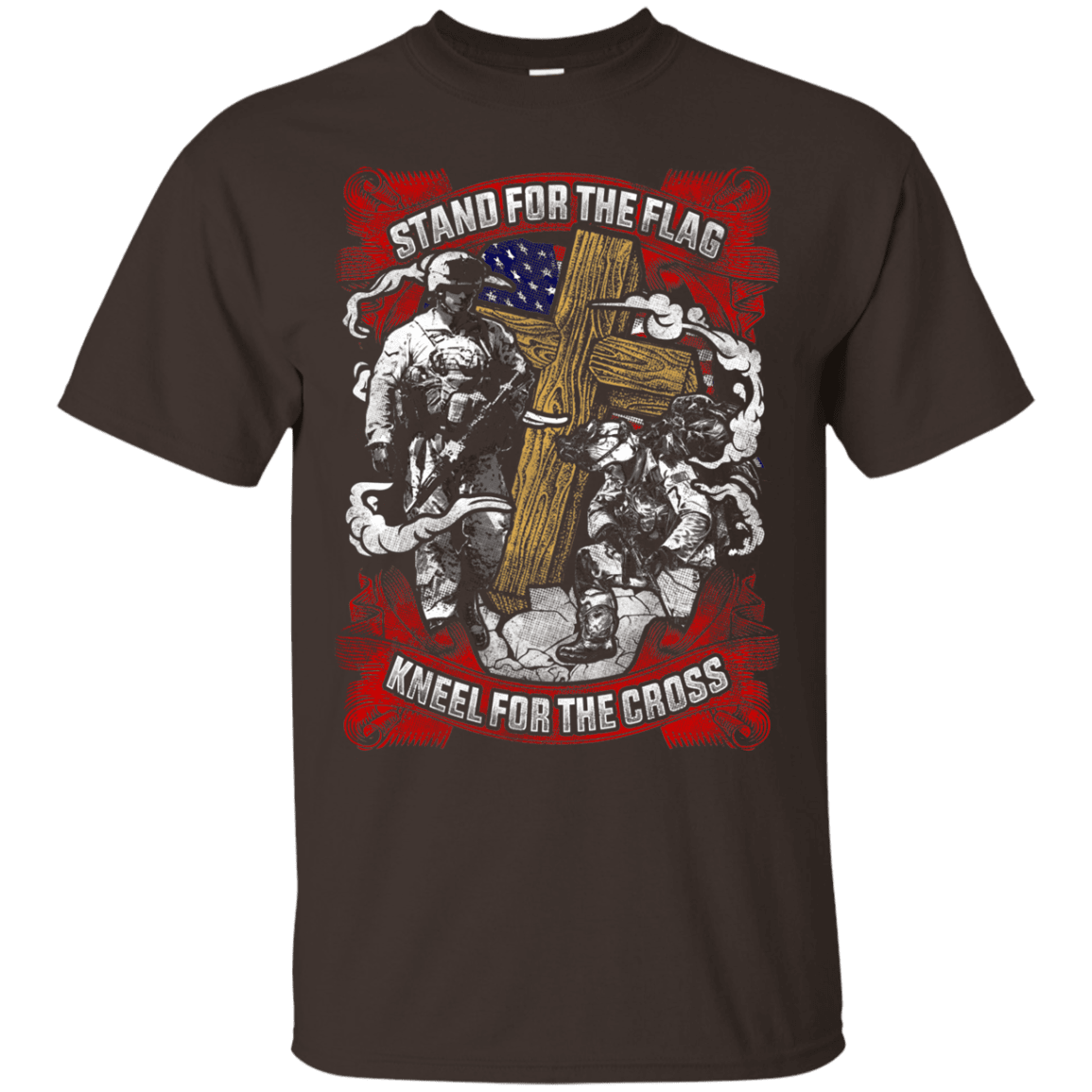 Military T-Shirt "Stand For the Flag Kneel For The Cross Men" Front-TShirt-General-Veterans Nation