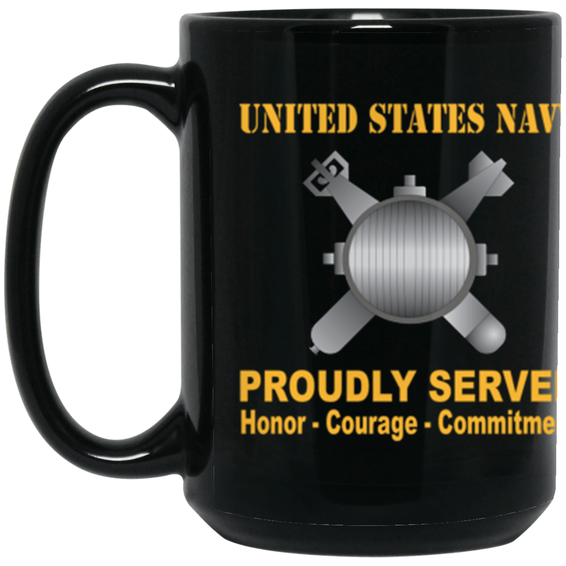 US Navy Navy Explosive Ordnance Disposal Navy EOD Proudly Served Core Values 15 oz. Black Mug-Drinkware-Veterans Nation