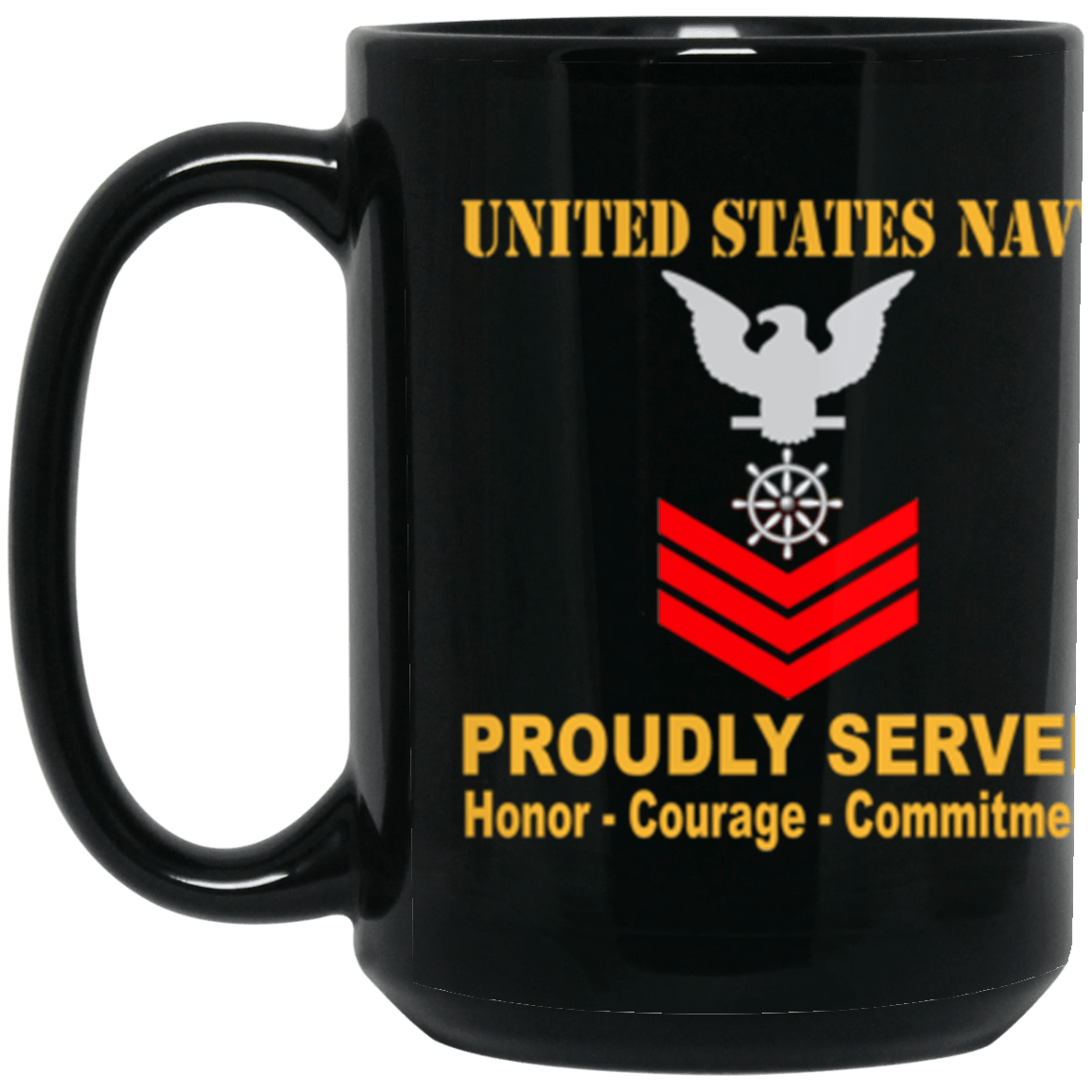 US Navy Quartermaster Navy QM E-6 Red Stripe 15 oz. Black Mug-Drinkware-Veterans Nation