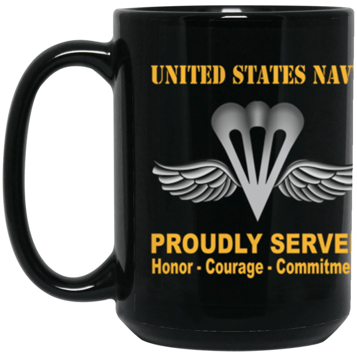 US Navy Navy Aircrew Survival Equipmentman Navy PR Proudly Served Core Values 15 oz. Black Mug-Drinkware-Veterans Nation