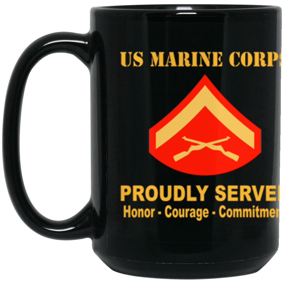 USMC E-3 Lance Corporal E3 LCpl Ranks Proudly Served Core Values 15 oz. Black Mug-Drinkware-Veterans Nation