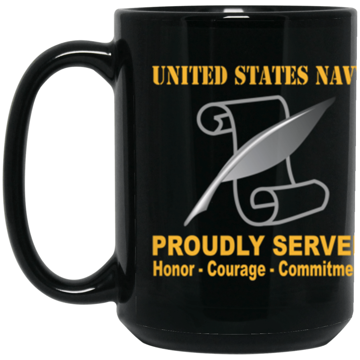 US Navy Navy Journalist Navy JO Proudly Served Core Values 15 oz. Black Mug-Drinkware-Veterans Nation