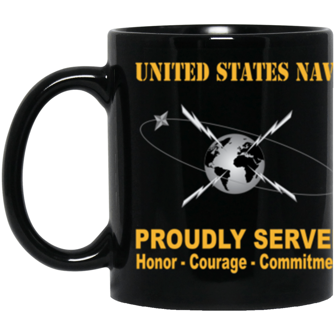 US Navy Navy Mass Communications Specialist Navy MC Proudly Served Core Values 11 oz. Black Mug-Drinkware-Veterans Nation