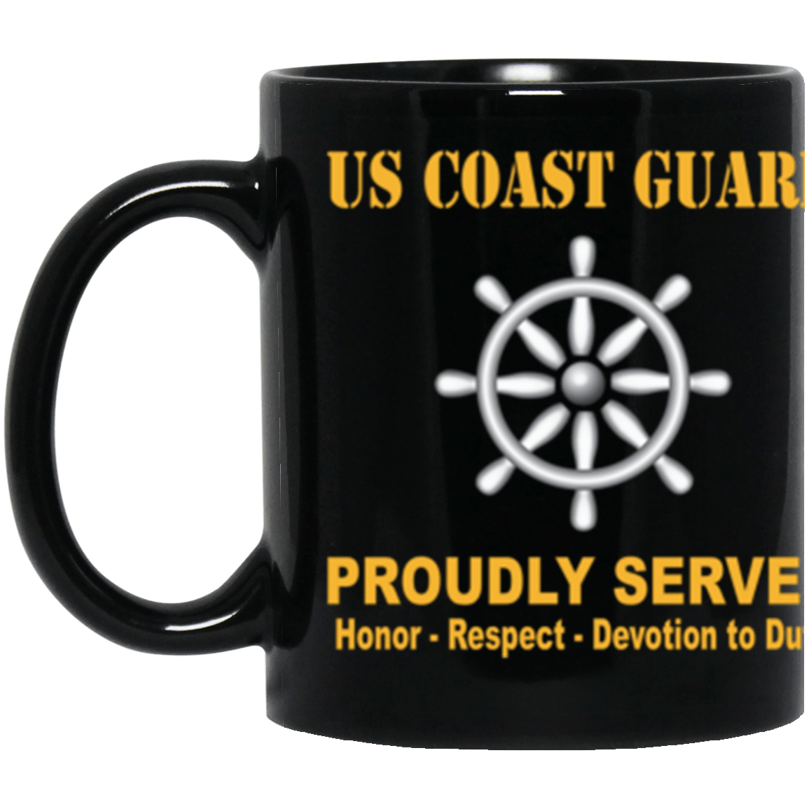 USCG Quartermaster QM Logo Proudly Served Core Values 11 oz. Black Mug-Drinkware-Veterans Nation