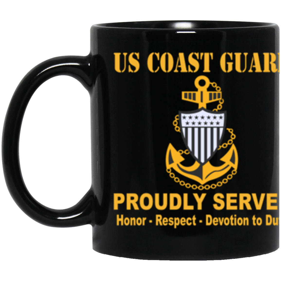 US Coast Guard E-7 Chief Petty Officer E7 CPO Chief Petty Officer Collar Device Proudly Served Core Values 11 oz. Black Mug-Drinkware-Veterans Nation