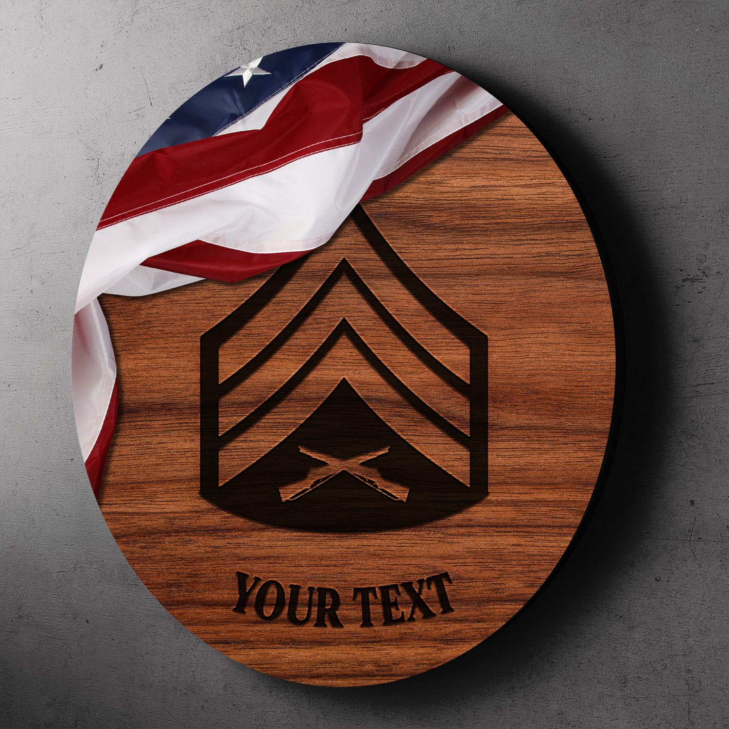 Custom Round Wood Sign, USA Flag With Military Ranks/Insignia, Personalized Text-Round Sign-Veterans Nation