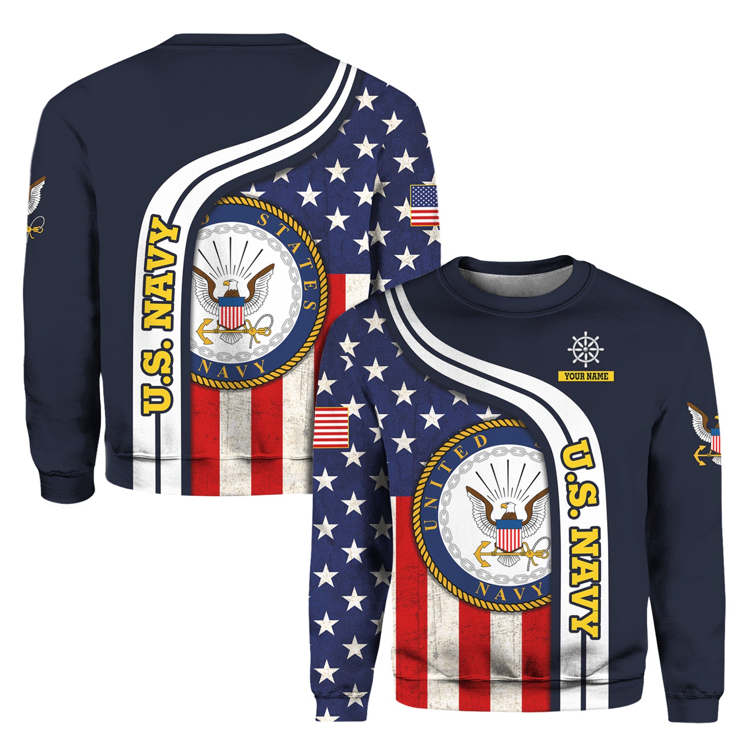 Custom 3D All Over Prints Crewneck Sweatshirt, Personalized Name And Military Logo, USA Flag-AOV-Custom-Veterans Nation