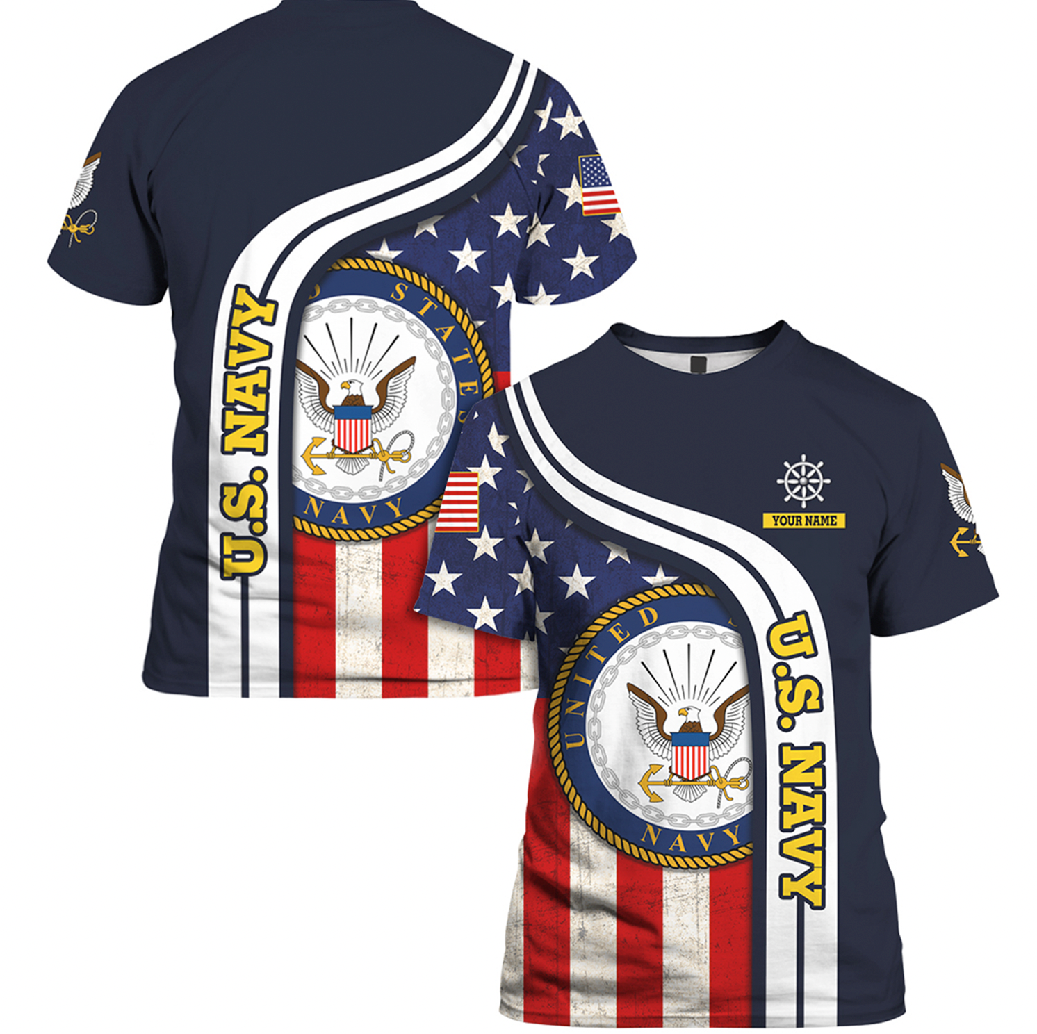 Custom 3D All Over Prints T-Shirt, Personalized Name And Military Logo, USA Flag-AOV-Custom-Veterans Nation