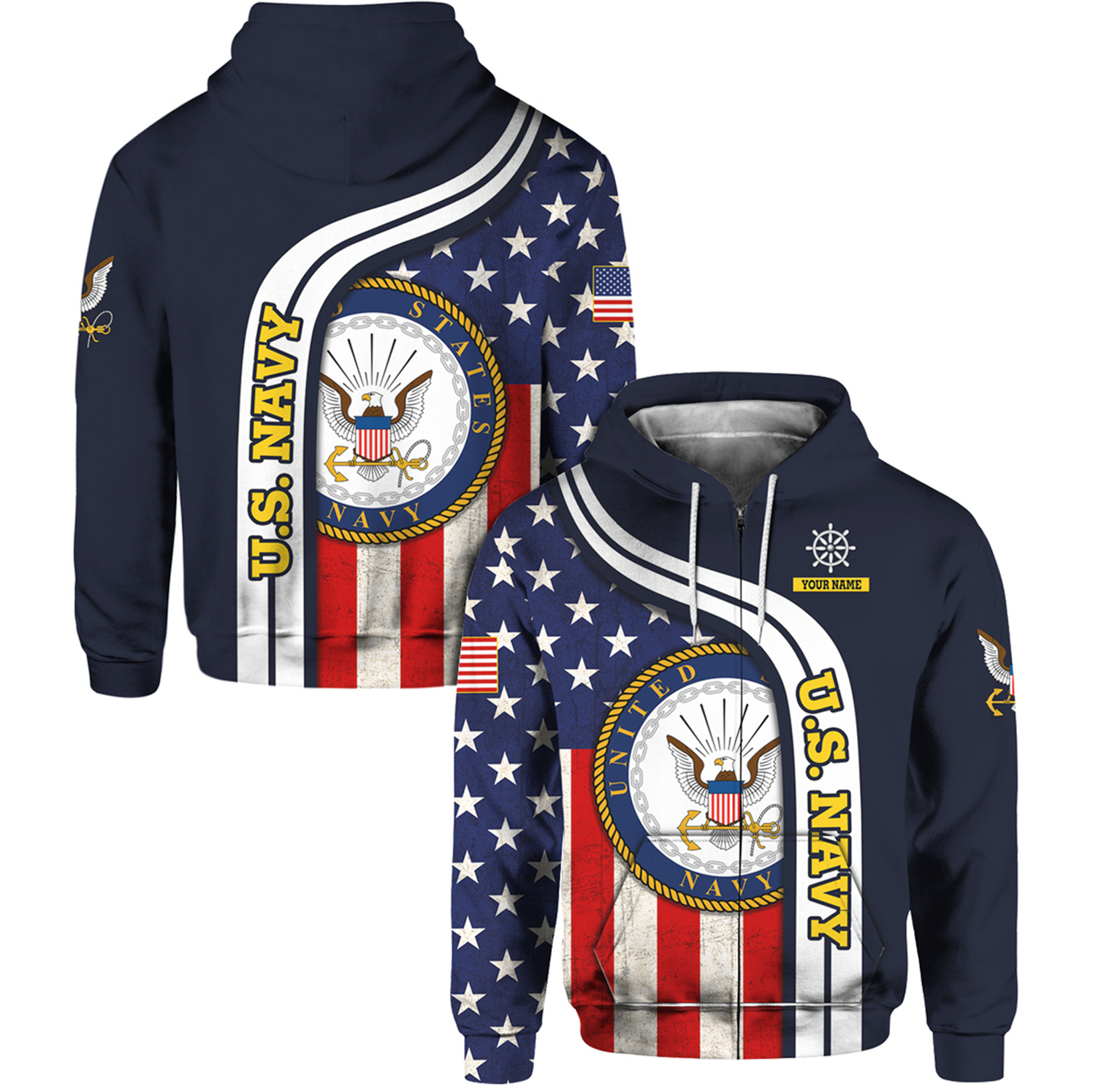 Custom 3D All Over Prints Hoodie, Personalized Name And Military Logo, USA Flag-AOV-Custom-Veterans Nation