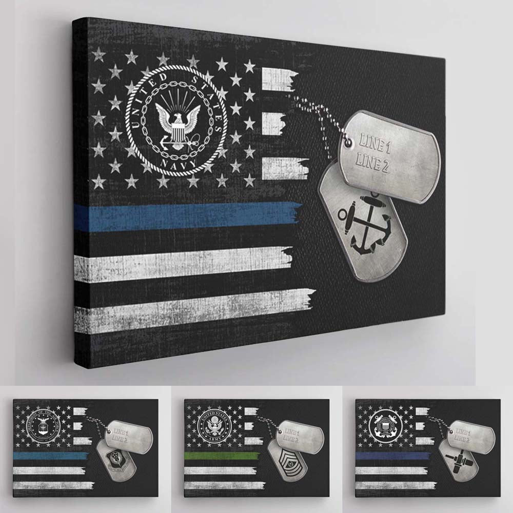 Personalized Canvas 1.5in Frame - Black/White USA Flag With Military Ranks/Insignia - Personalized Name & Ranks D08-Canvas-Personalized-AllBranch-Veterans Nation