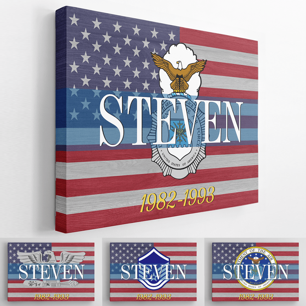 Personalized Canvas 1.5in Frame - USA Flag With Military Ranks/Insignia - Personalized Name & Ranks D06-Canvas-Personalized-AllBranch-Veterans Nation