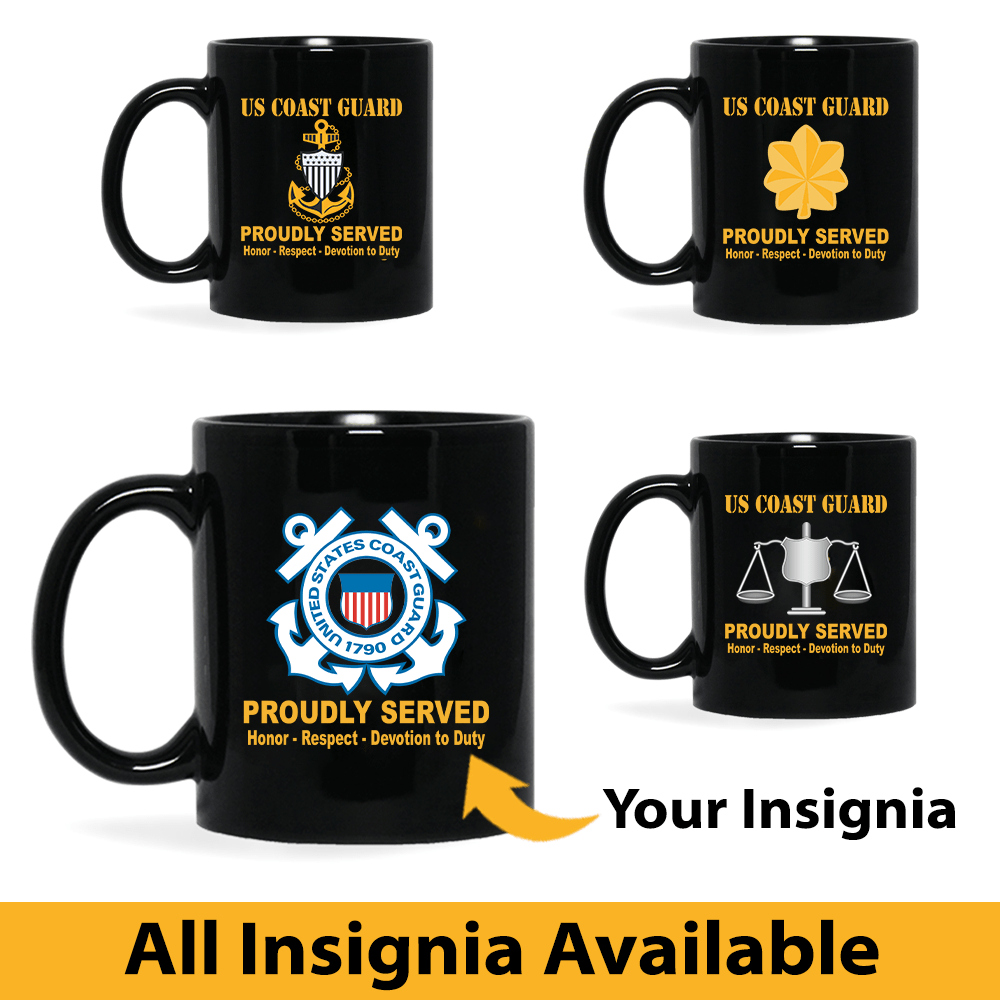 US Coast Guard Insignia Proudly Served Core Values 11oz - 15oz Black Mug-Mug-Army-Veterans Nation