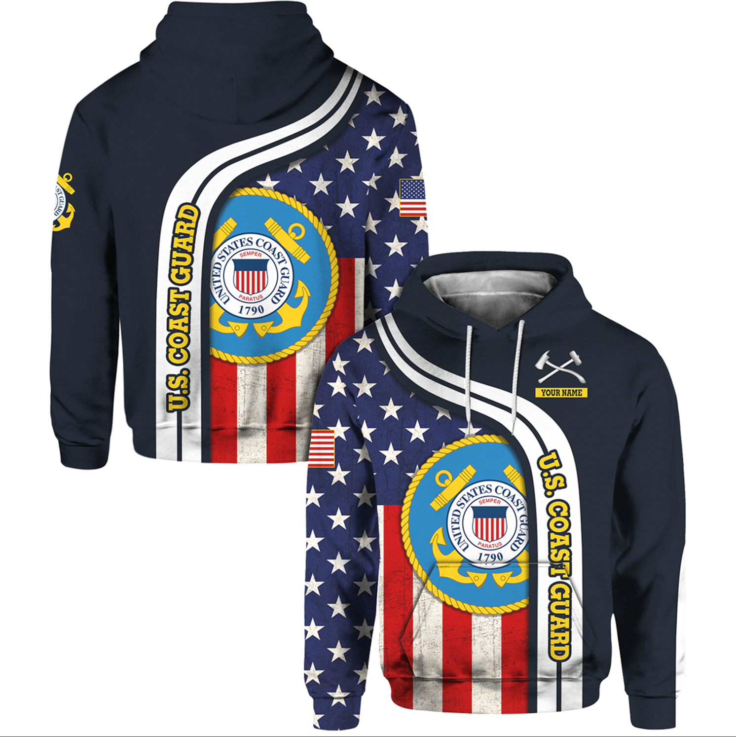 Custom 3D All Over Prints Hoodie, Personalized Name And Military Logo, USA Flag-AOV-Custom-Veterans Nation