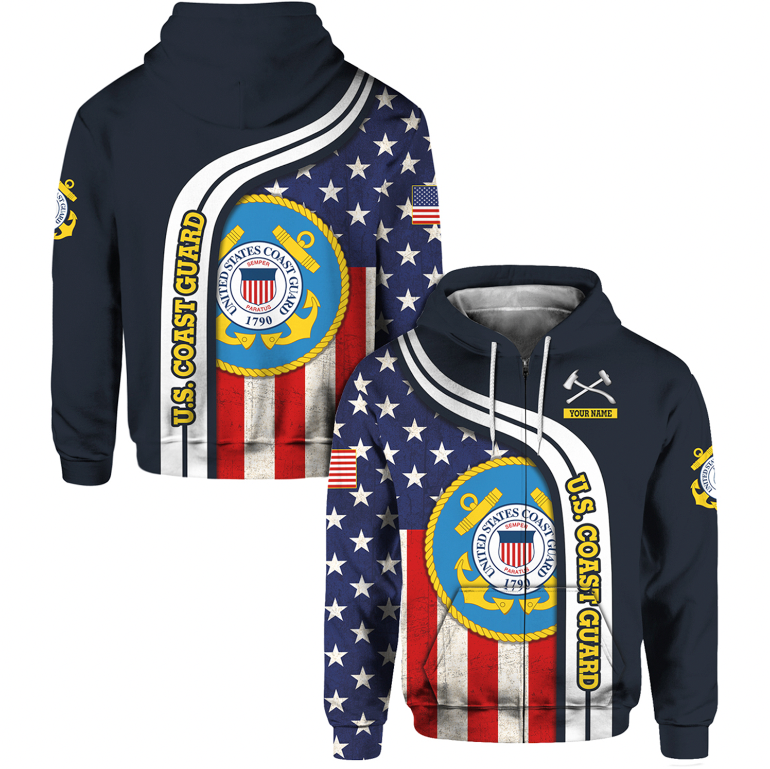 Custom 3D All Over Prints Hoodie, Personalized Name And Military Logo, USA Flag-AOV-Custom-Veterans Nation