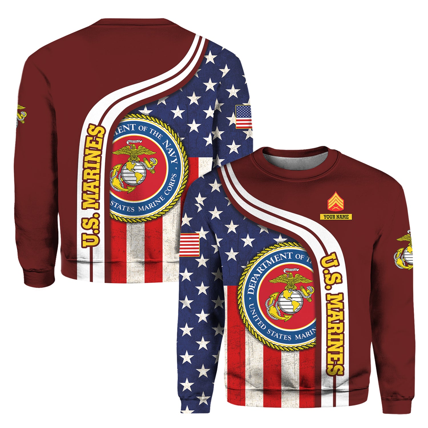 Custom 3D All Over Prints Crewneck Sweatshirt, Personalized Name And Military Logo, USA Flag-AOV-Custom-Veterans Nation