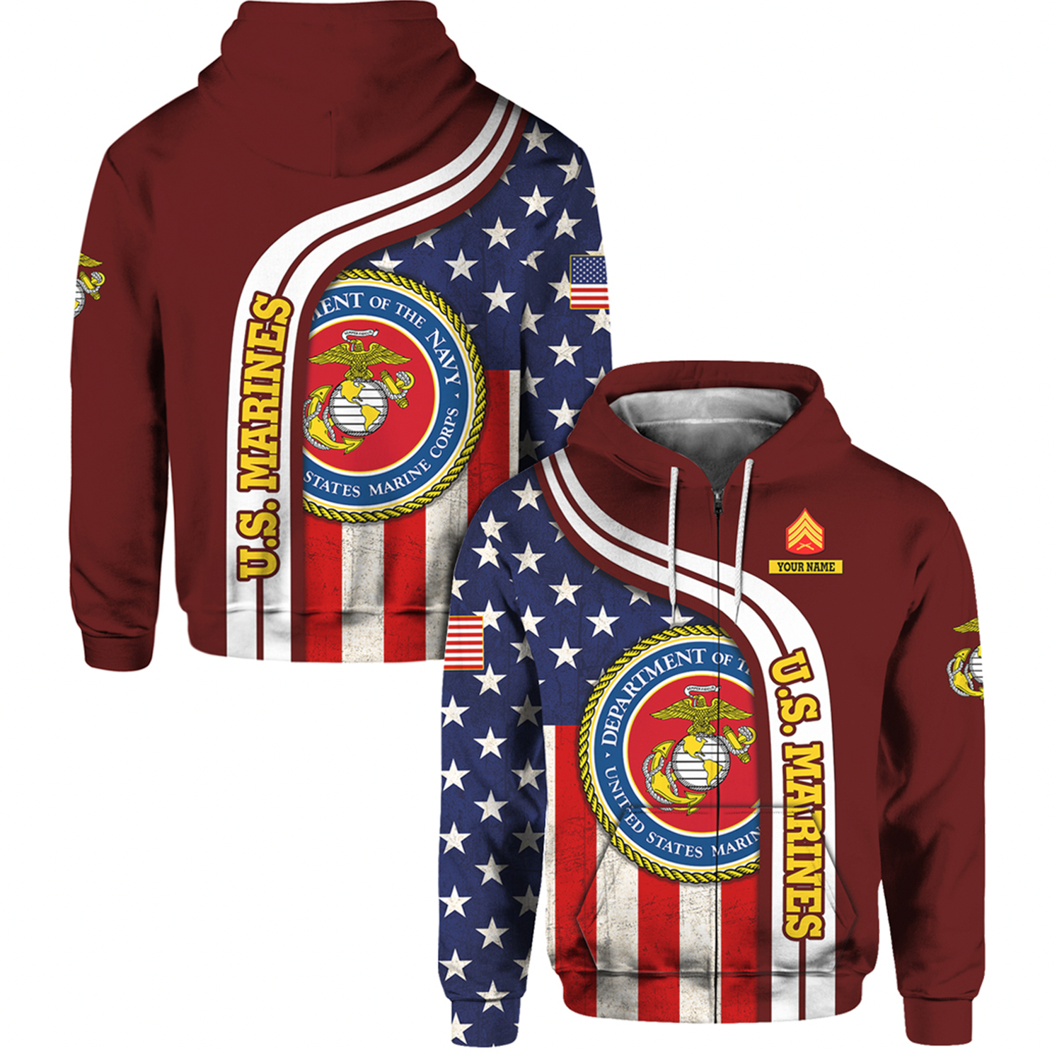 Custom 3D All Over Prints Hoodie, Personalized Name And Military Logo, USA Flag-AOV-Custom-Veterans Nation