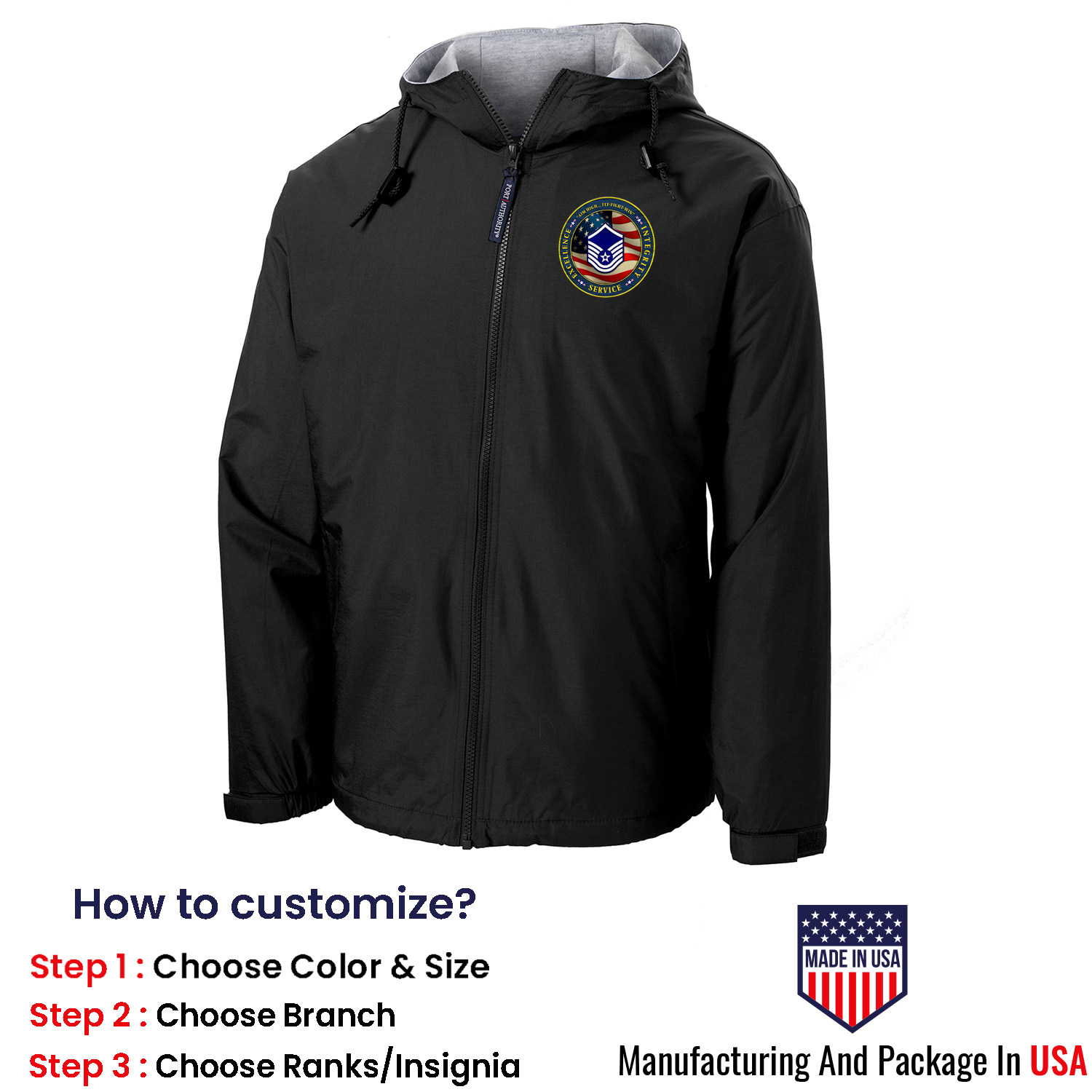 Custom US Air Force Ranks/Insignia Military Mottos, Core Values Print On Left Chest Team Jacket