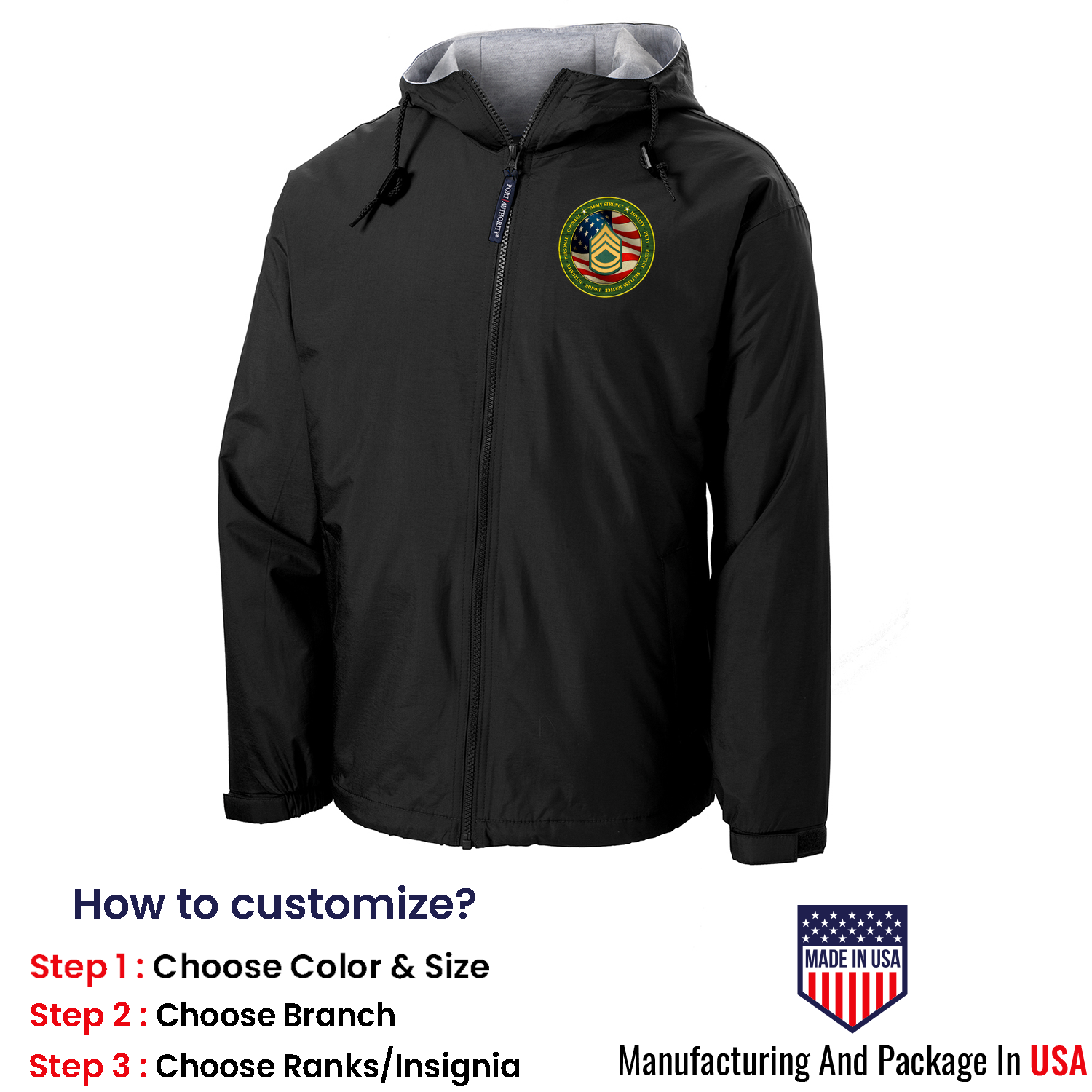 Custom US Army Ranks/Insignia Military Mottos, Core Values Print On Left Chest Team Jacket