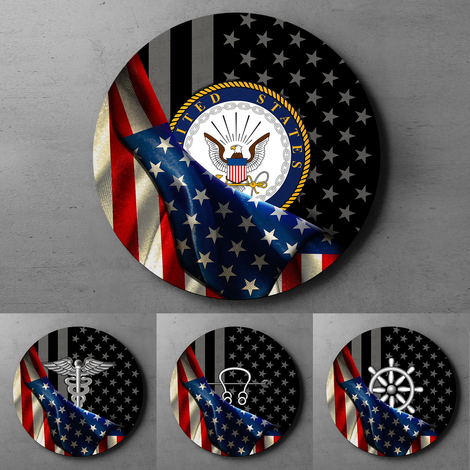 Custom Round Wood Sign, Half USA Flag With Military Ranks/Insignia-Round Sign-Veterans Nation