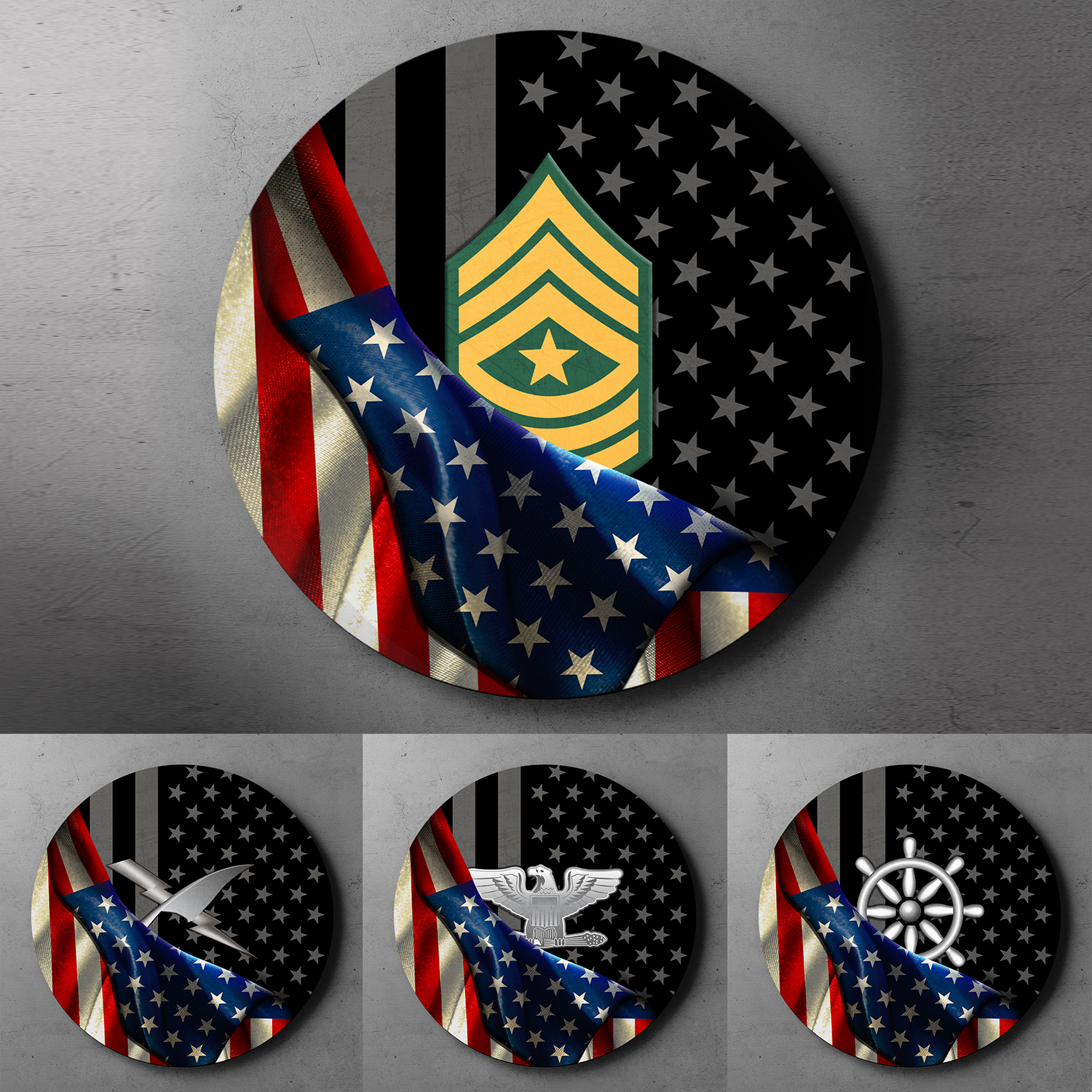 Custom Round Wood Sign, Half USA Flag With Military Ranks/Insignia-Round Sign-Veterans Nation