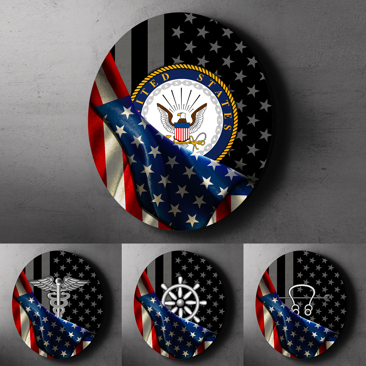 Custom Round Wood Sign, Half USA Flag With Military Ranks/Insignia-Round Sign-Veterans Nation