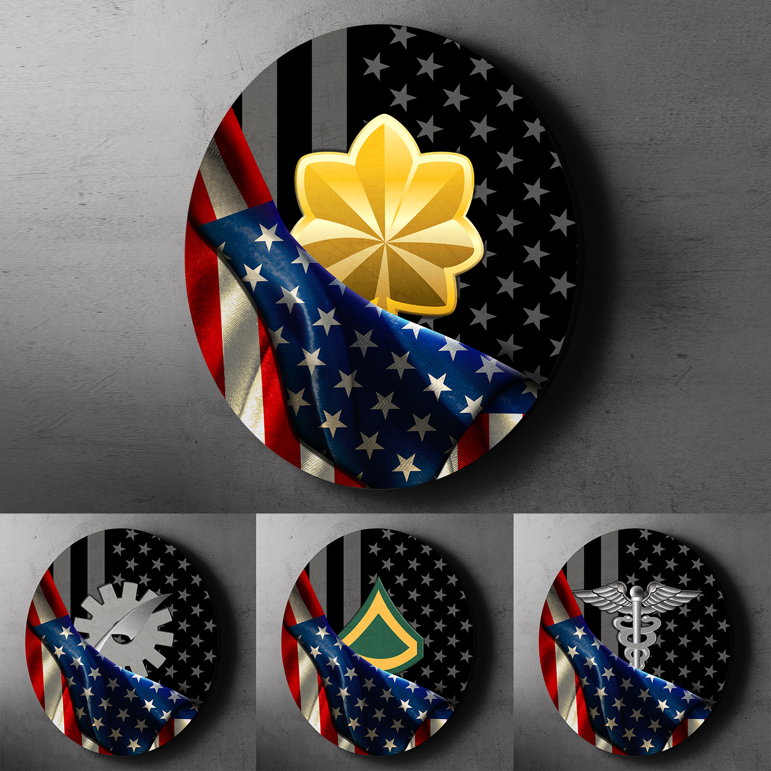 Custom Round Wood Sign, Half USA Flag With Military Ranks/Insignia-Round Sign-Veterans Nation